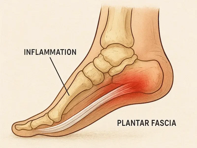 Plantar fasciitis diagram showing pain and inflammation