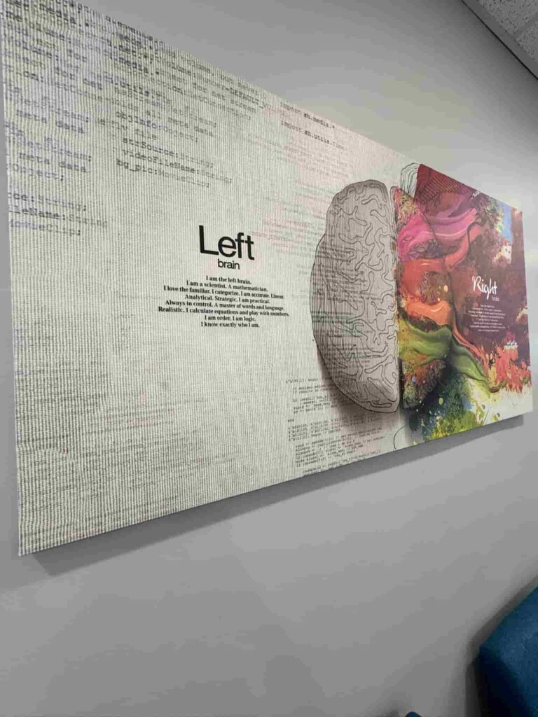 Large rectangular wall art piece with abstract brain and text design hanging in the lobby of Indian Trail Chiropractic & Rehab.